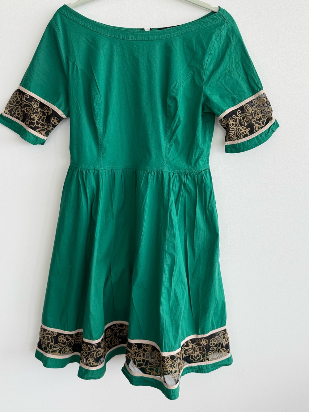 eshakti Green Short Sleeve Midi Dress with Black & Gold Trim